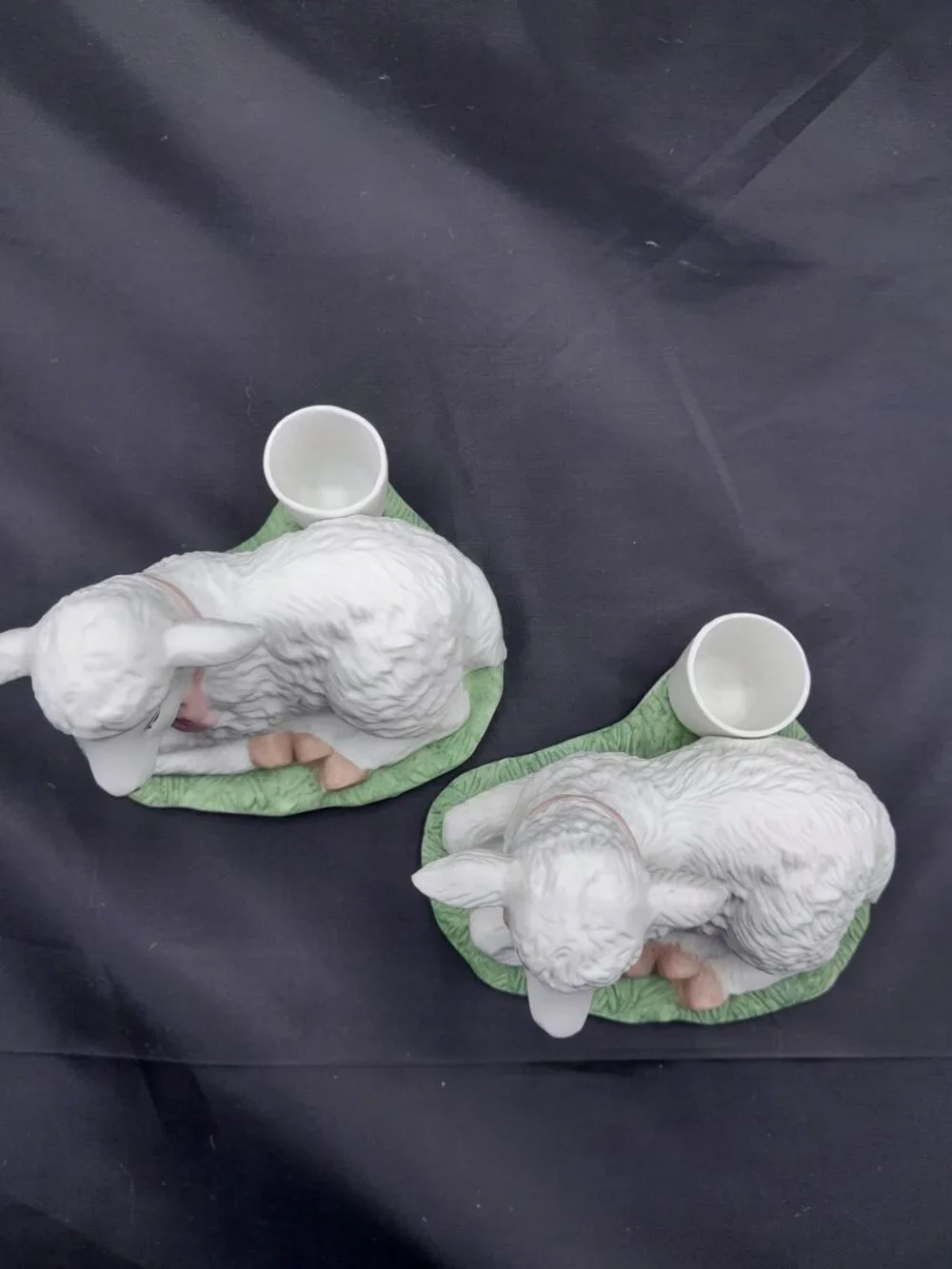 (2) WHITE LAMB PORCELAIN BISQUE TAPER CANDLE HOLDERS SPRING SUMMER EASTER VTG.